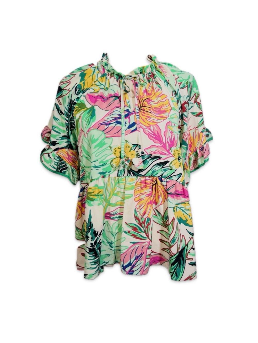Umgee Floral Peasant Blouse Peplum Tie Front Boho Cottagecore Women’s Small
